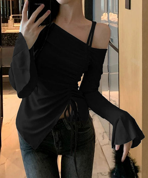 ワンオフショルダーTシャツギャザー 長袖 肩出しドロストtシャツ レディース リボンタイトTシャツ肩あき セクシートップス お洒落 アンバランスヘムtシャツ 薄手 90CHENXINI-021