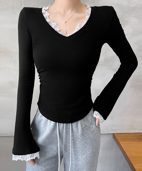 レース付TシャツVネック長袖リブトップス レディース細身Tシャツ タイトトップスセクシー 韓国風 大人可愛いカットソー サイドギャザー おしゃれインナートップス 90CHENXINI-022