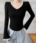 レース付TシャツVネック長袖リブトップス レディース細身Tシャツ タイトトップスセクシー 韓国風 大人可愛いカットソー サイドギャザー おしゃれインナートップス 90CHENXINI-022