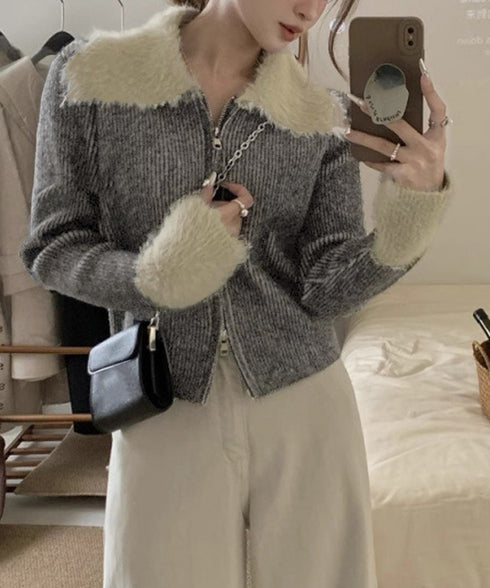 ダブルジップニットカーディガンショート丈 ファーカラー付き リブニットトップス 秋冬配色ニット レディースバイカラー長袖カーディガン 前開き2wayニットセーター 90CHENXINI-024