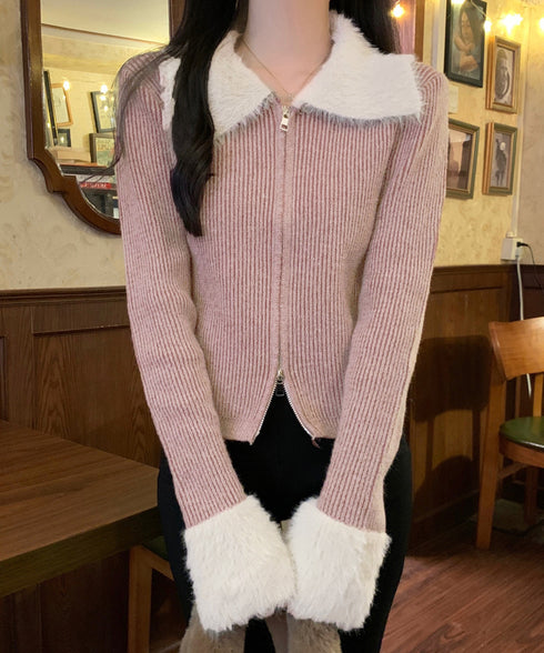 ダブルジップニットカーディガンショート丈 ファーカラー付き リブニットトップス 秋冬配色ニット レディースバイカラー長袖カーディガン 前開き2wayニットセーター 90CHENXINI-024
