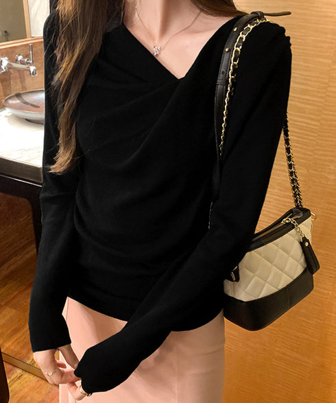 長袖ドレープニットトップス Vネック秋冬 美しい胸元ニットプルオーバー レディース 柔らかいニット きれいめカジュアル 韓国風ニットソー 大人可愛い着やせトップス 90CHENXINI-025