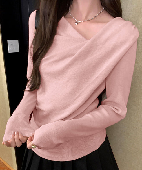 長袖ドレープニットトップス Vネック秋冬 美しい胸元ニットプルオーバー レディース 柔らかいニット きれいめカジュアル 韓国風ニットソー 大人可愛い着やせトップス 90CHENXINI-025