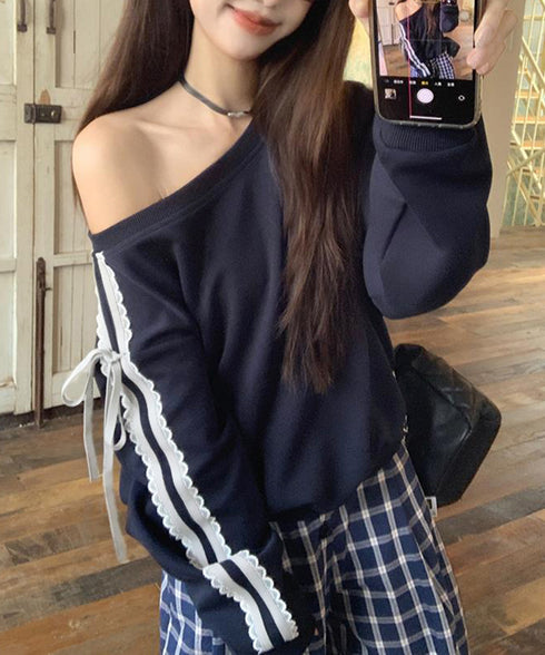 オフショルダースウェット長袖レースリボン 大人可愛いスウェット レディース 韓国風 おしゃれトレーナー無地 萌え袖ガーリートップス カジュアルきれいめ秋冬服抜け感 90CHENXINI-027