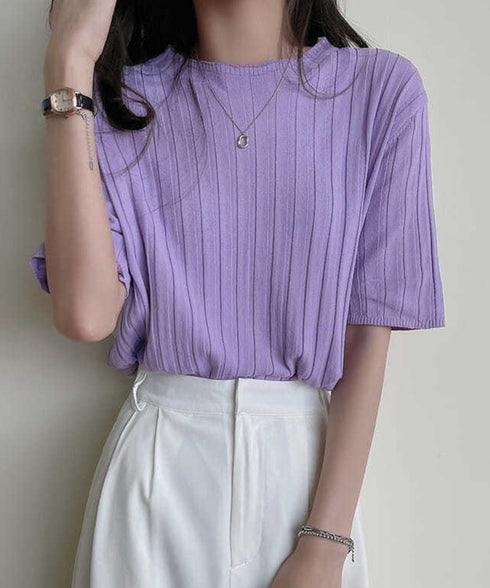 サマーニットトップス半袖 カットソー夏服 薄手リブニットTシャツレディース ベーシックニット着やせトップス 通勤通学 オフィスカジュアル シンプルニットソー着回し 90CHENXINI-030