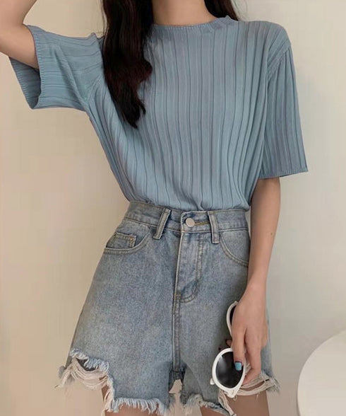 サマーニットトップス半袖 カットソー夏服 薄手リブニットTシャツレディース ベーシックニット着やせトップス 通勤通学 オフィスカジュアル シンプルニットソー着回し 90CHENXINI-030