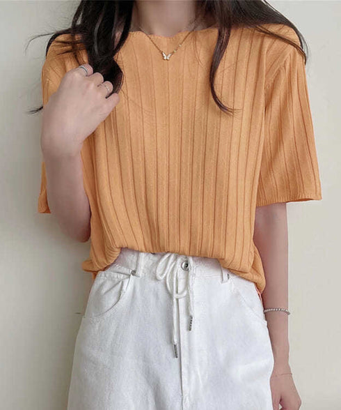 サマーニットトップス半袖 カットソー夏服 薄手リブニットTシャツレディース ベーシックニット着やせトップス 通勤通学 オフィスカジュアル シンプルニットソー着回し 90CHENXINI-030