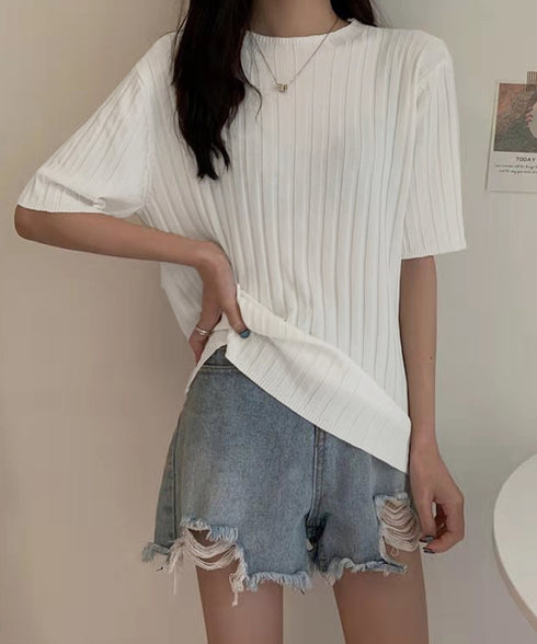 サマーニットトップス半袖 カットソー夏服 薄手リブニットTシャツレディース ベーシックニット着やせトップス 通勤通学 オフィスカジュアル シンプルニットソー着回し 90CHENXINI-030
