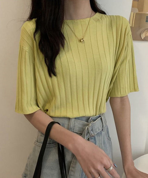 サマーニットトップス半袖 カットソー夏服 薄手リブニットTシャツレディース ベーシックニット着やせトップス 通勤通学 オフィスカジュアル シンプルニットソー着回し 90CHENXINI-030