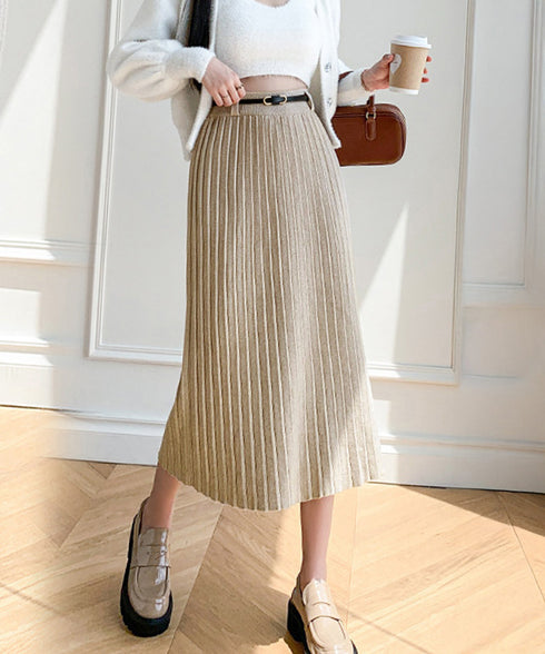 ハイウエスト プリーツニットスカート秋冬 ワイドリブ プリーツスカート ベルト付きミモレ丈スカート 体型カバーオフィスカジュアル ロングスカート 美脚脚長 着やせ 90HYHT-002