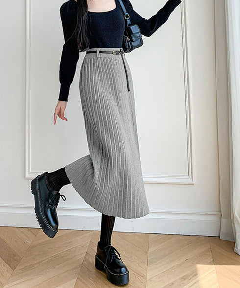ハイウエスト プリーツニットスカート秋冬 ワイドリブ プリーツスカート ベルト付きミモレ丈スカート 体型カバーオフィスカジュアル ロングスカート 美脚脚長 着やせ 90HYHT-002