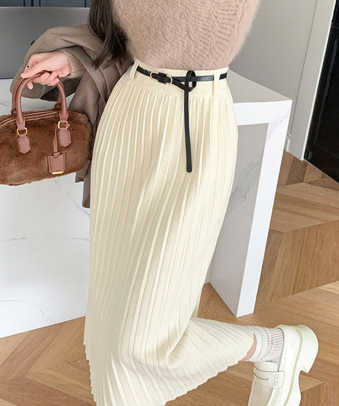 ハイウエスト プリーツニットスカート秋冬 ワイドリブ プリーツスカート ベルト付きミモレ丈スカート 体型カバーオフィスカジュアル ロングスカート 美脚脚長 着やせ 90HYHT-002