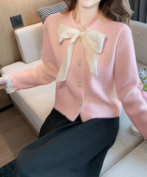 ボウダイ ニットトップス シャギーニット 大人可愛いニットセーター 袖レース レディース オフィスカジュアル ビッグリボンニットカーディガン パール調ボタン韓国風 90HYHT-003