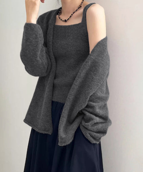 ニットアンサンブル着回しニット2点セット 大人可愛い キャミ付き ニットカーディガン 着やせ ソフトタッチ ニットセット無地 ニット羽織りノーカラーニットアウター 90HYHT-004