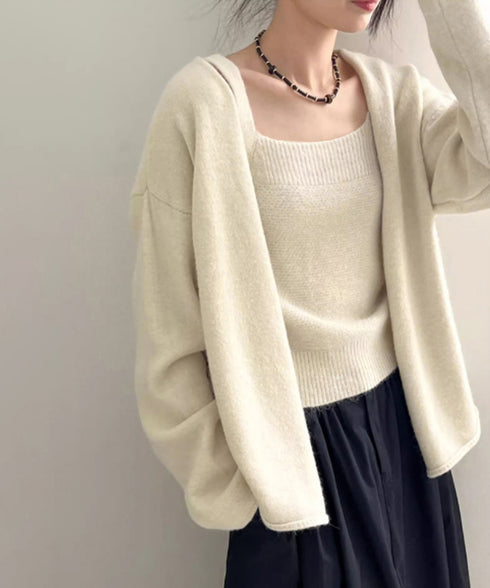 ニットアンサンブル着回しニット2点セット 大人可愛い キャミ付き ニットカーディガン 着やせ ソフトタッチ ニットセット無地 ニット羽織りノーカラーニットアウター 90HYHT-004