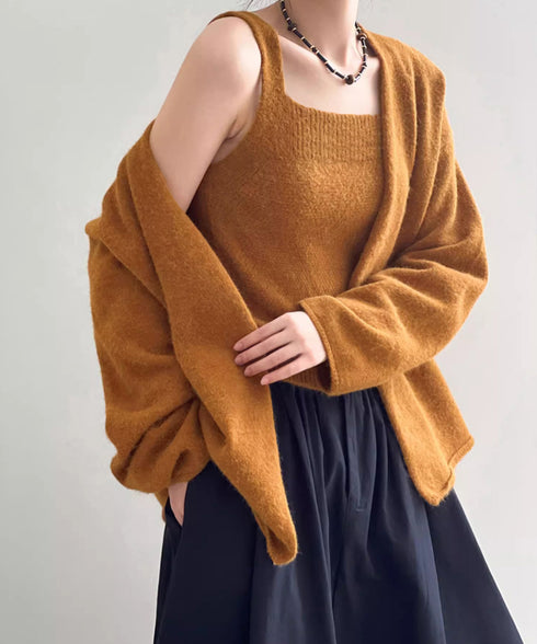 ニットアンサンブル着回しニット2点セット 大人可愛い キャミ付き ニットカーディガン 着やせ ソフトタッチ ニットセット無地 ニット羽織りノーカラーニットアウター 90HYHT-004