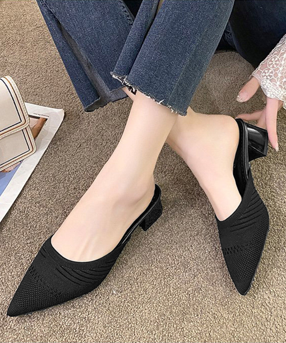 ニットミュールパンプス チャンキーヒール ブラック