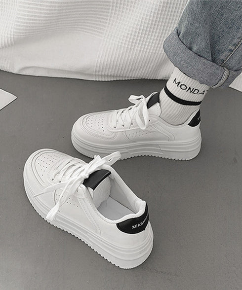 韓国風厚底スニーカーレディース白シューズ 美脚脚長 ベーシック レースアップスニーカー 歩きやすい カジュアル靴痛くない ボリュームソール 通気性 履きやすいくつ 90JIANLONG-008