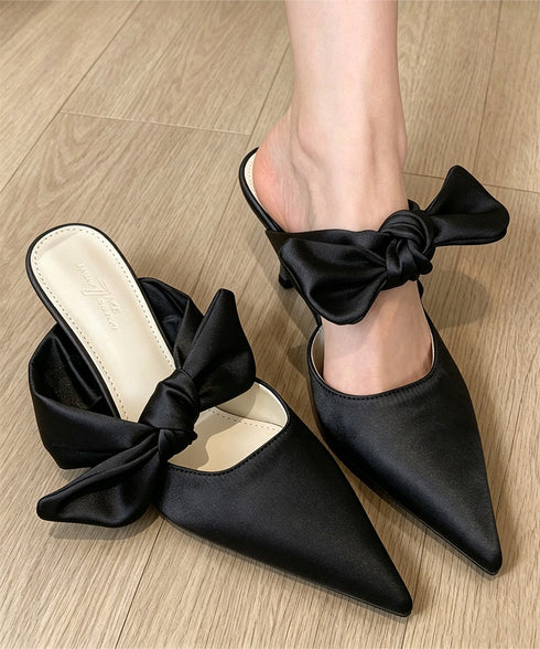 リボンミュールパンプス ポインテッドトゥ ミュールサンダルレディース きれいめ 歩きやすいリボンパンプス上品 ピンヒールミュール 美脚 サテン調パンプスパーティー 90JIANLONG-023