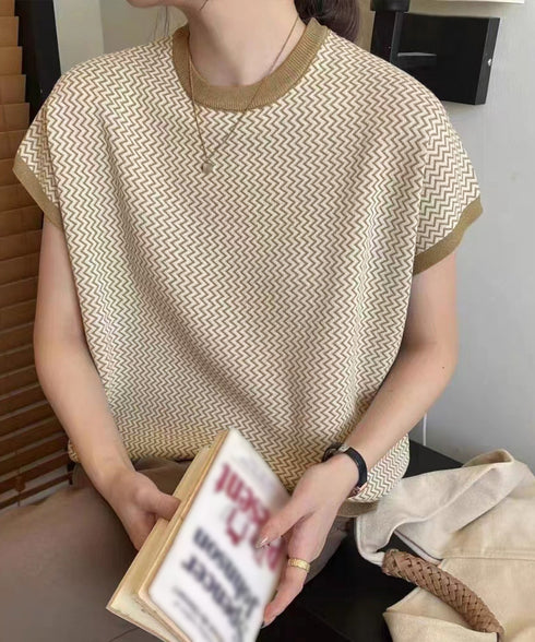 フレンチスリーブサマーニット レディース ノースリーブニットトップス きれいめ 柄ニットTシャツ ゆったり 体型カバー 半袖春夏トップス 丸首 薄手ニットソー韓国 90JINLONG-001