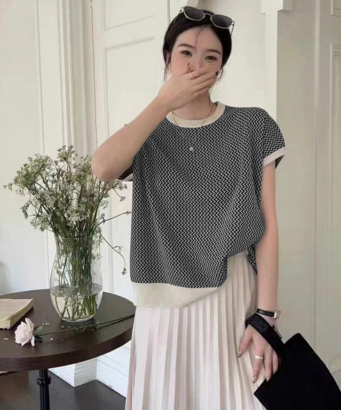 フレンチスリーブサマーニット レディース ノースリーブニットトップス きれいめ 柄ニットTシャツ ゆったり 体型カバー 半袖春夏トップス 丸首 薄手ニットソー韓国 90JINLONG-001