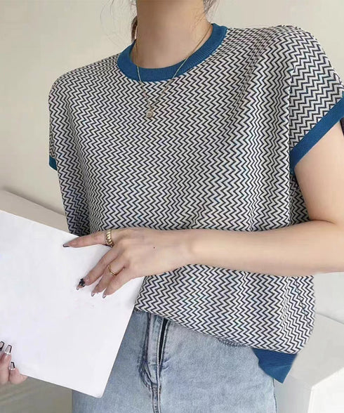 フレンチスリーブサマーニット レディース ノースリーブニットトップス きれいめ 柄ニットTシャツ ゆったり 体型カバー 半袖春夏トップス 丸首 薄手ニットソー韓国 90JINLONG-001