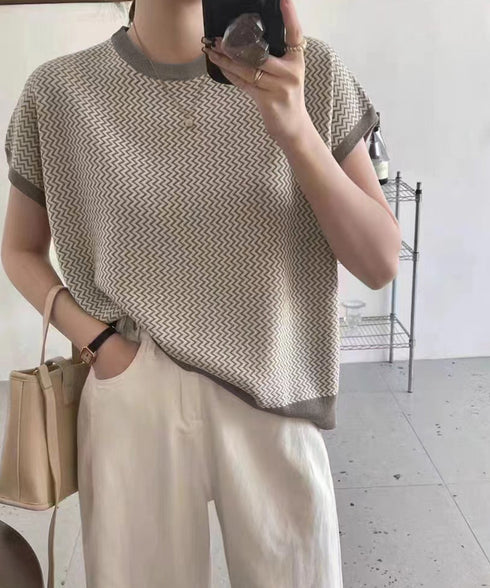 フレンチスリーブサマーニット レディース ノースリーブニットトップス きれいめ 柄ニットTシャツ ゆったり 体型カバー 半袖春夏トップス 丸首 薄手ニットソー韓国 90JINLONG-001