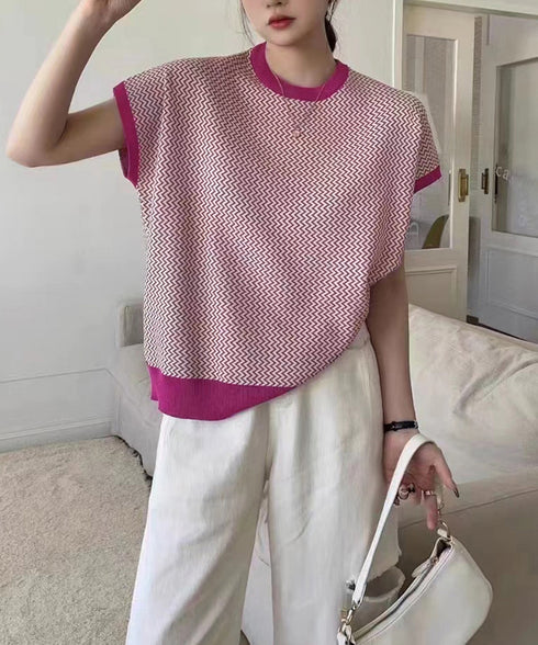 フレンチスリーブサマーニット レディース ノースリーブニットトップス きれいめ 柄ニットTシャツ ゆったり 体型カバー 半袖春夏トップス 丸首 薄手ニットソー韓国 90JINLONG-001