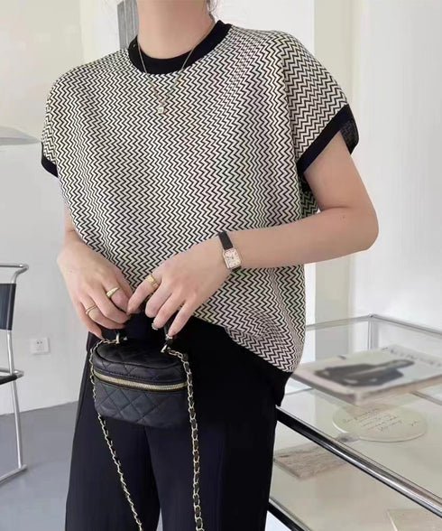フレンチスリーブサマーニット レディース ノースリーブニットトップス きれいめ 柄ニットTシャツ ゆったり 体型カバー 半袖春夏トップス 丸首 薄手ニットソー韓国 90JINLONG-001