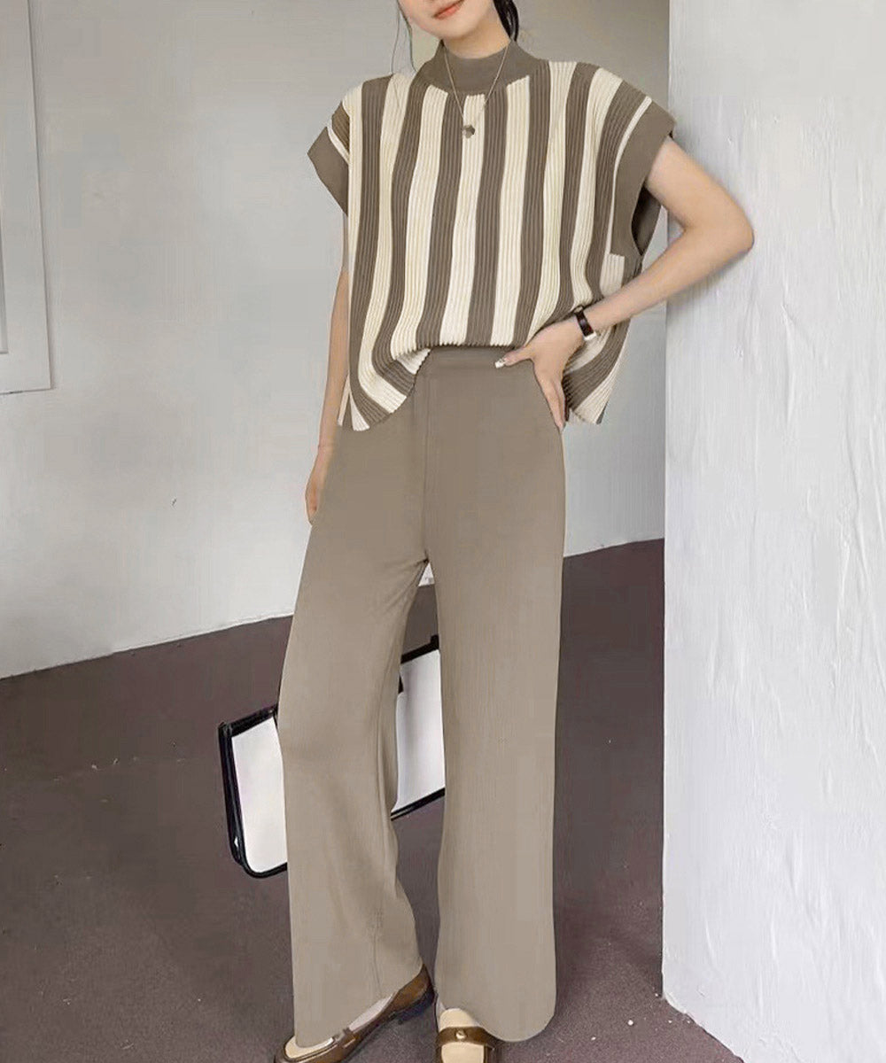 サマーニットセットアップ 韓国 春夏秋服 グレイッシュベージュ