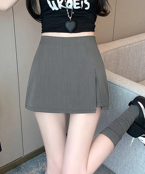 ハイウエストスカパン美脚ミニ丈キュロット レディースインナーパンツ付きミニスカートパンツ 韓国風 着やせショートパンツ 台形シルエットフロントスリット脚長ボトムス 90JRJH-002