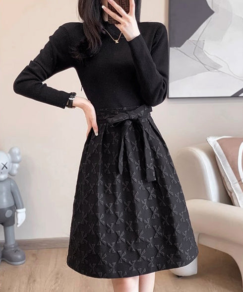 リボン柄フレアワンピース ウエストマーク 大人可愛い長袖ワンピースレディース 着やせ レトロ風Aラインワンピース お洒落ベルト付きドレス結婚式 韓国ファッション 90JYD-001