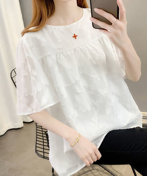 フレア袖シフォンブラウス レディース夏服 ジャガードブラウス 透け感フレアスリーブ 夏トップス半袖 カジュアルきれいめ フェミニン ゆったりプルオーバー涼しげ薄手 90KUKU-001