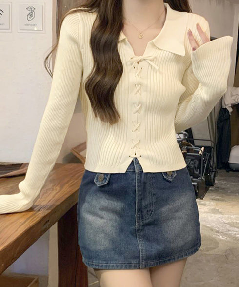 レースアップ リブニットトップス 韓国風 着やせ ニットプルオーバーレディース リボン 大人フェミニン ガーリーニット ビッグ襟 Vネックニットカットソー 春秋冬 90MTYZF-001