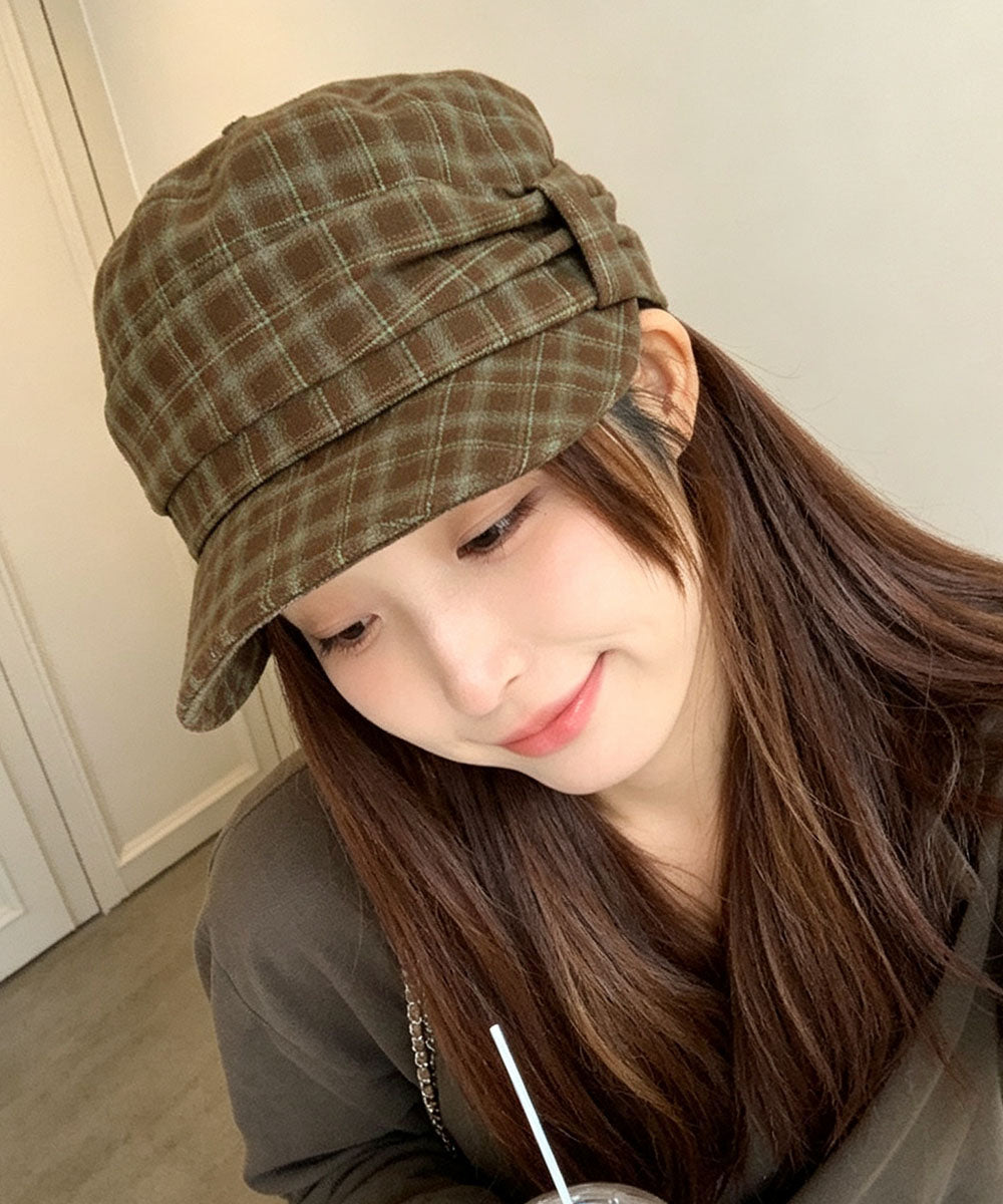 チェック柄キャスケット レトロ韓国風帽子 キャメル