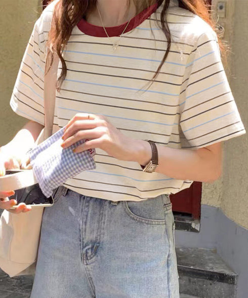 マルチボーダーTシャツ 半袖カットソー夏 レディース 配色プルオーバー クルーネック バイカラー 夏トップス 着やせ おしゃれ カジュアル tシャツ半袖 レトロT 90QIY-001