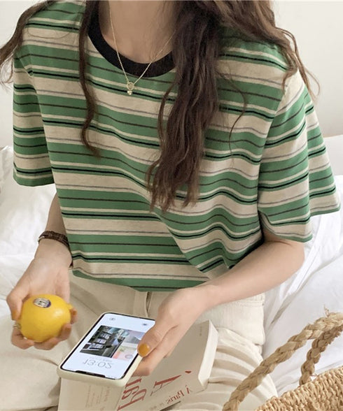 マルチボーダーTシャツ 半袖カットソー夏 レディース 配色プルオーバー クルーネック バイカラー 夏トップス 着やせ おしゃれ カジュアル tシャツ半袖 レトロT 90QIY-001