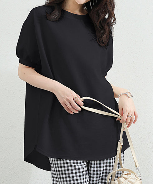ワッフルTシャツ半袖レディースゆったり夏 大人可愛いワッフルプルオーバー パフスリーブ体型カバートップス カジュアル 裾ラウンドゆるtシャツ 無地カットソー春夏服 90RRT-001