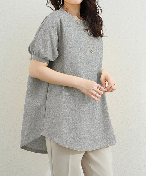 ワッフルTシャツ半袖レディースゆったり夏 大人可愛いワッフルプルオーバー パフスリーブ体型カバートップス カジュアル 裾ラウンドゆるtシャツ 無地カットソー春夏服 90RRT-001