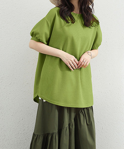 ワッフルTシャツ半袖レディースゆったり夏 大人可愛いワッフルプルオーバー パフスリーブ体型カバートップス カジュアル 裾ラウンドゆるtシャツ 無地カットソー春夏服 90RRT-001