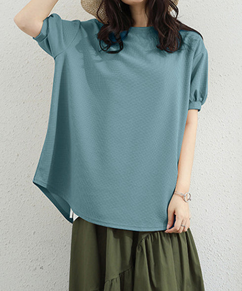 ワッフルTシャツ半袖レディースゆったり夏 大人可愛いワッフルプルオーバー パフスリーブ体型カバートップス カジュアル 裾ラウンドゆるtシャツ 無地カットソー春夏服 90RRT-001