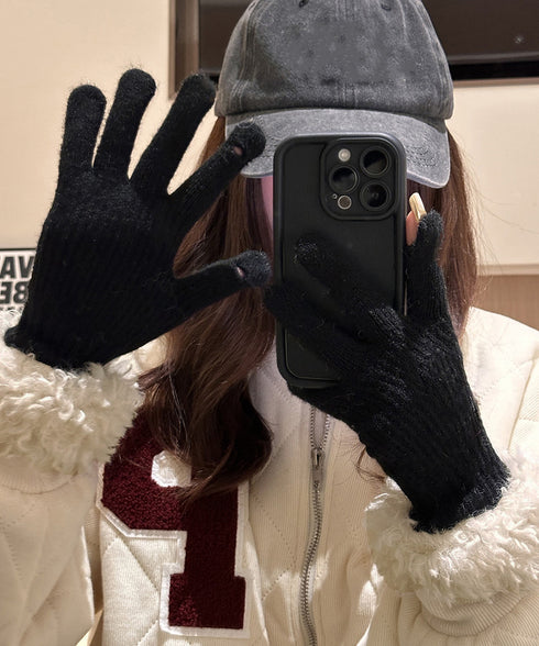 スマホ対応手袋 暖かい ボア袖グローブ冬 指穴リブニット手袋レディース あったか もこもこカフス手袋 ホールタッチニットグローブ 5本指手袋スポーツ観戦防寒グッズ 90SENLE-001