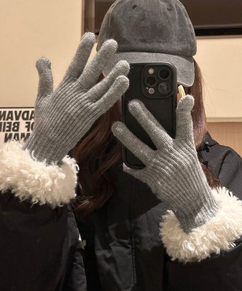 スマホ対応手袋 暖かい ボア袖グローブ冬 指穴リブニット手袋レディース あったか もこもこカフス手袋 ホールタッチニットグローブ 5本指手袋スポーツ観戦防寒グッズ 90SENLE-001