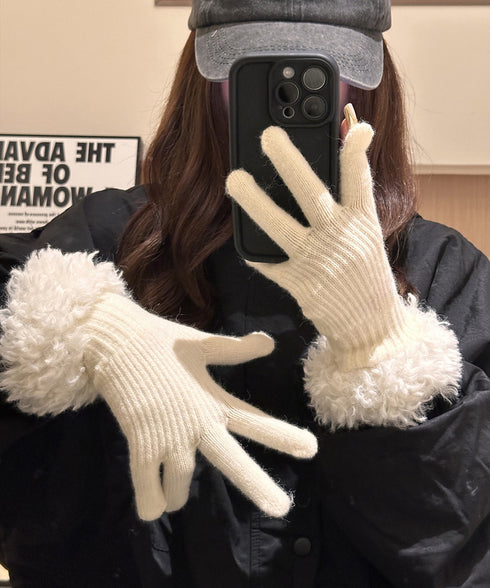 スマホ対応手袋 暖かい ボア袖グローブ冬 指穴リブニット手袋レディース あったか もこもこカフス手袋 ホールタッチニットグローブ 5本指手袋スポーツ観戦防寒グッズ 90SENLE-001