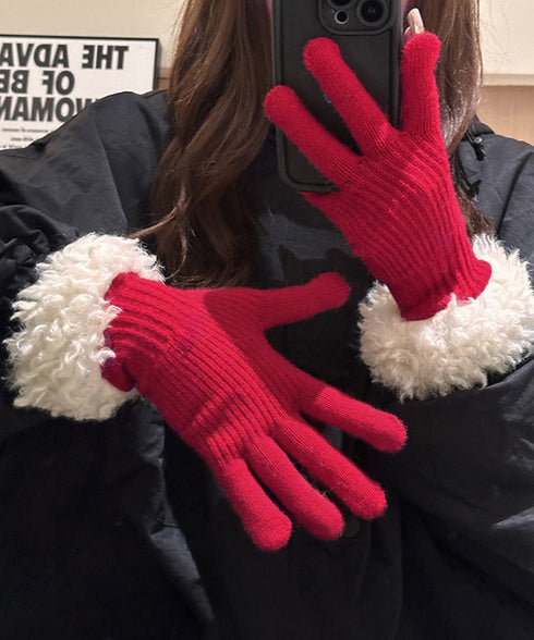 スマホ対応手袋 暖かい ボア袖グローブ冬 指穴リブニット手袋レディース あったか もこもこカフス手袋 ホールタッチニットグローブ 5本指手袋スポーツ観戦防寒グッズ 90SENLE-001