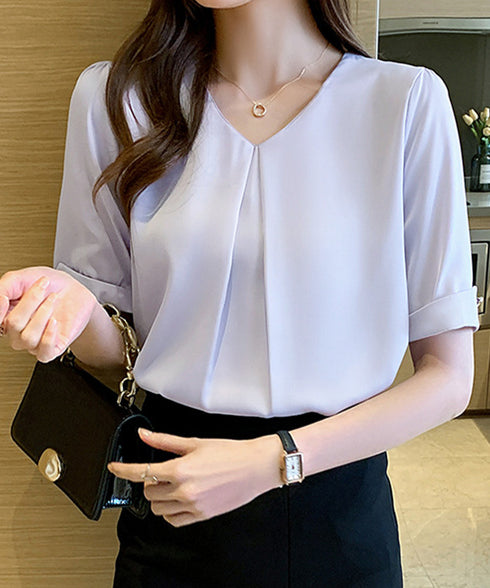 半袖シャツブラウスレディースVネック夏服 タックブラウスきれいめ オフィスブラウス 上品 大人フェミニントップス ベーシックシャツ 薄手サテン風プルオーバーシャツ 90SHANGJ-002