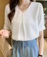 半袖シャツブラウスレディースVネック夏服 タックブラウスきれいめ オフィスブラウス 上品 大人フェミニントップス ベーシックシャツ 薄手サテン風プルオーバーシャツ 90SHANGJ-002