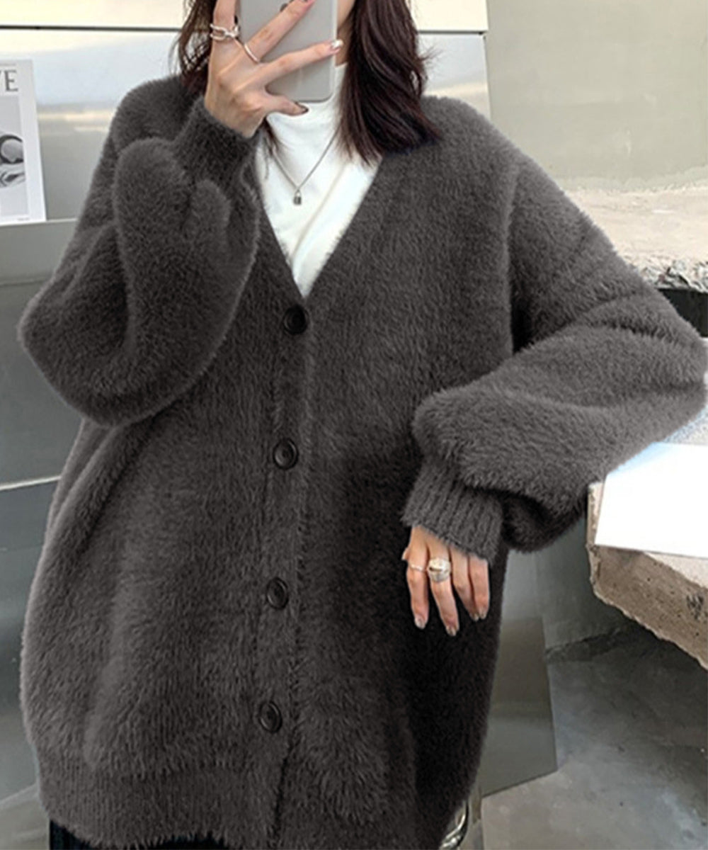 ふわふわシャギーニットカーディガン韓国風 チャコールグレー