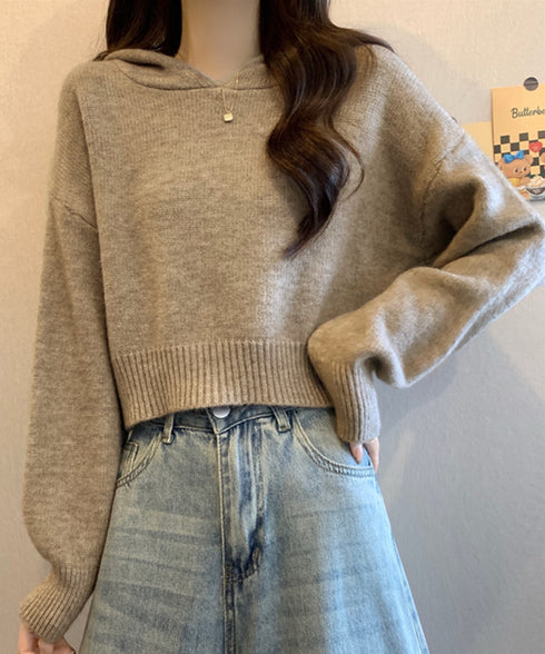 ニットパーカーフード付き ニットセーター レディース 大人可愛い ショート丈フーディー シンプル ニットプルオーバー おしゃれ 無地セーター 秋冬 ニットトップス 90SXIH-004