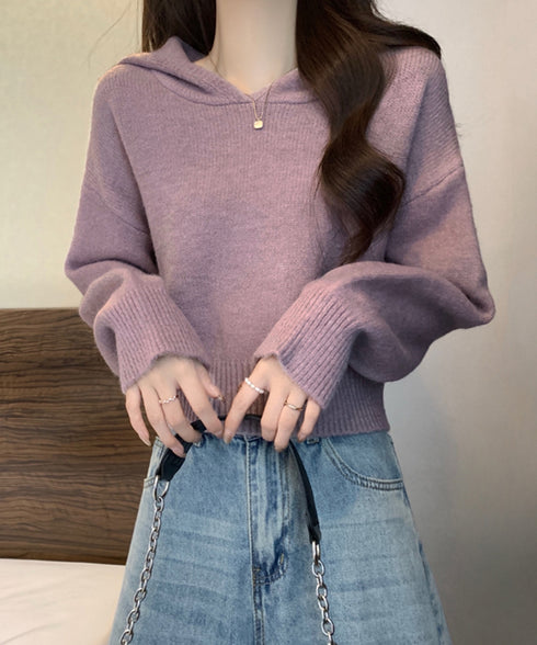 ニットパーカーフード付き ニットセーター レディース 大人可愛い ショート丈フーディー シンプル ニットプルオーバー おしゃれ 無地セーター 秋冬 ニットトップス 90SXIH-004